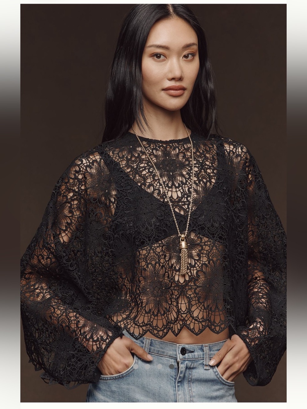 Current Air Black Lace Crochet Long-Sleeve Crop Top